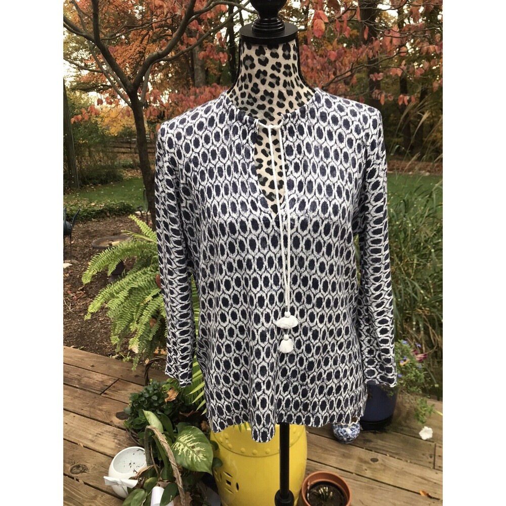LOFT Women's Tribal Tassel Tie Split Neck Tunic Sweater Top 3/4 Sleeve Size L G9